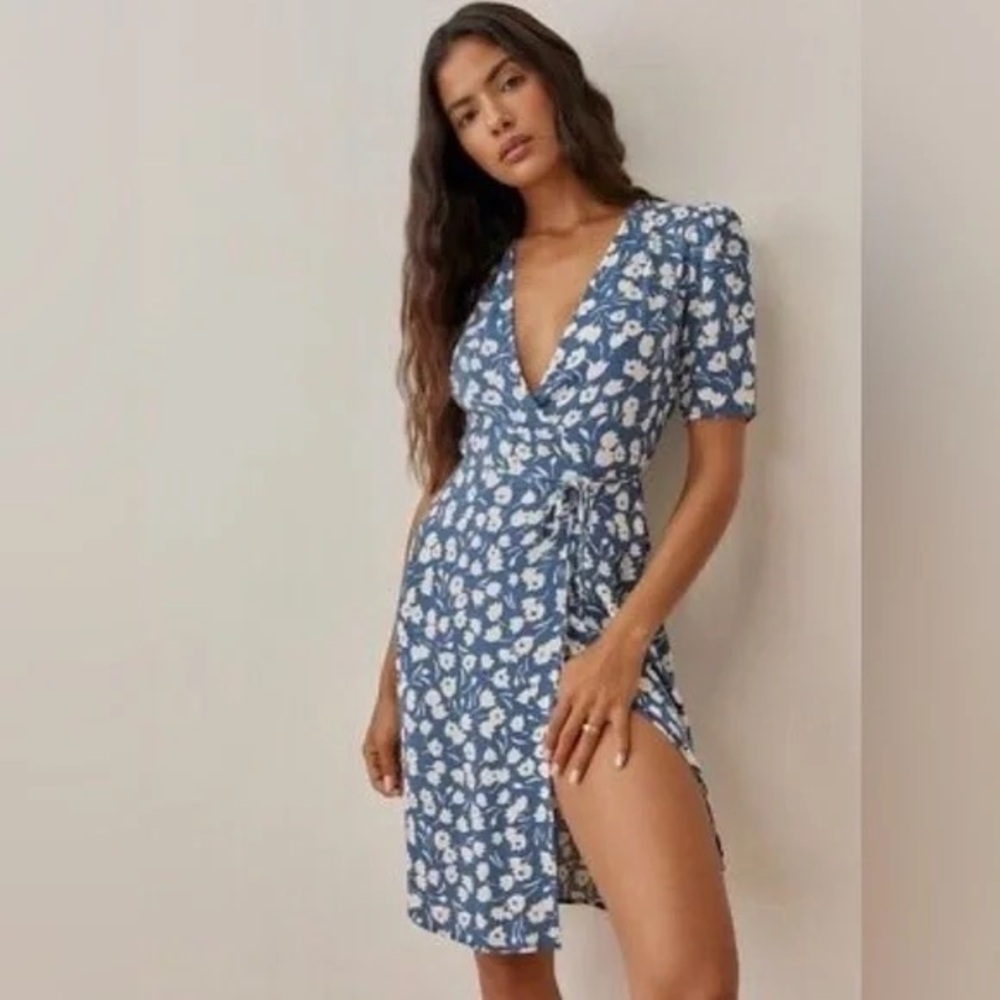 Reformation Blue and White Wrap Midi Dress with Puff Sleeves